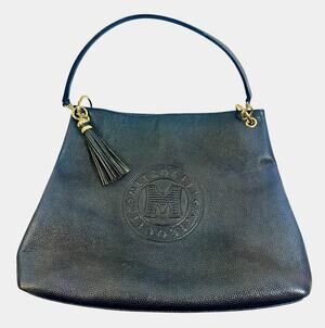 MetroCity Black Pebbled Leather Shoulder Tote Bag Silver Hardware Tassel